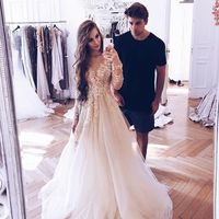 Light champagne lace tulle long prom dress, long sleeve evening dress,lace appliques prom dresses,beads prom dresses,536, - Thumbnail 1