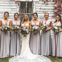 Deep V Neck Long Bridesmaid Dresses Under 100 - Thumbnail 1