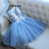 Cute blue lace short prom dress, blue homecoming dress,v neck prom dresses,cheap homecoming dresses,537 - Thumbnail 1