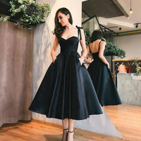 Cute black satin short prom dress, homecoming dress,black prom dresses,tea length party dresses,cheap short dress,539 - Thumbnail 1