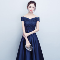 Dark blue lace satin short prom dress, lace evening dress,Homecoming dresses,100 - Thumbnail 1