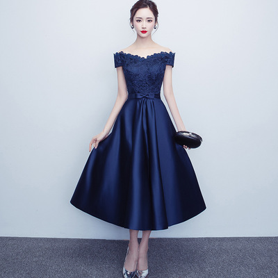 Dark blue lace satin short prom dress, lace evening dress,homecoming dresses,100 - Thumbnail 5