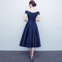 Dark blue lace satin short prom dress, lace evening dress,Homecoming dresses,100 - Thumbnail 2