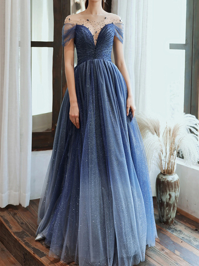 Sparkly A Line V Neck Open Back Navy Blue Tulle Prom Dresses