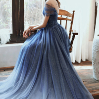 Sparkly A Line V Neck Open Back Navy Blue Tulle Prom Dresses - Thumbnail 1