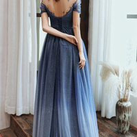Sparkly A Line V Neck Open Back Navy Blue Tulle Prom Dresses - Thumbnail 2