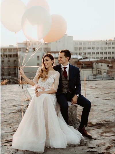 Charming Jewel Half Sleeves Champagne Sweep Train Wedding Dress with Appliques