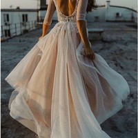 Charming Jewel Half Sleeves Champagne Sweep Train Wedding Dress with Appliques - Thumbnail 1