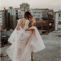 Charming Jewel Half Sleeves Champagne Sweep Train Wedding Dress with Appliques - Thumbnail 2