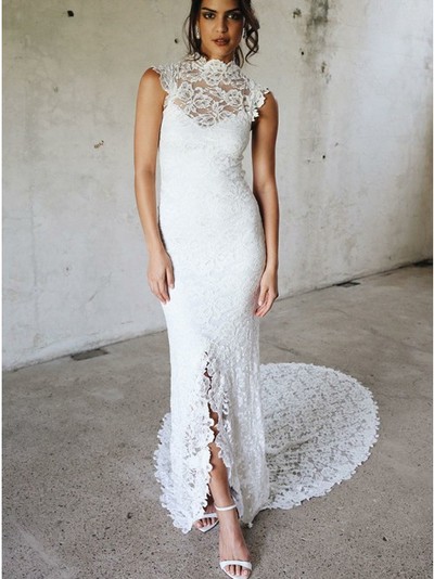 Generous High Neck Split Lace Tight Cut Out Wedding Dress