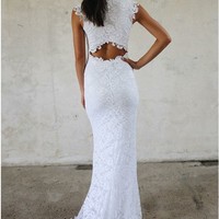 Generous High Neck Split Lace Tight Cut Out Wedding Dress - Thumbnail 1