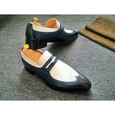 Handmade men two tone wing tip square toe moccasin genuine leather shoes