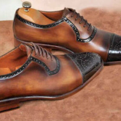 Handmade men's genuine brown leather lace up oxford toe cap brogue shoes - Thumbnail 3