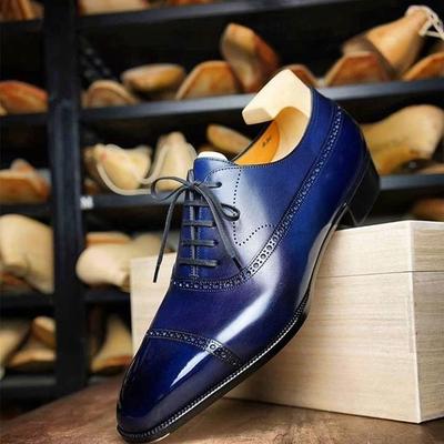 Handmade royal blue captoe leather customize formal lace up shoes