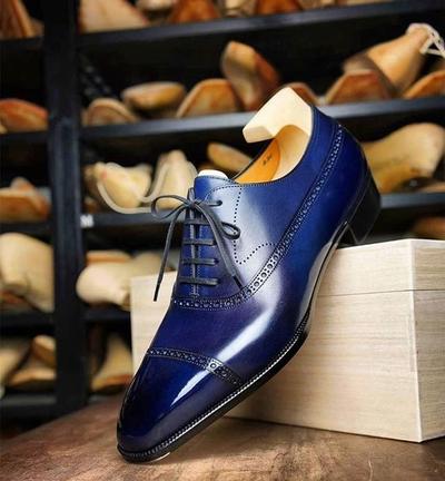 Handmade Royal Blue Captoe Leather Customize Formal Lace Up Shoes