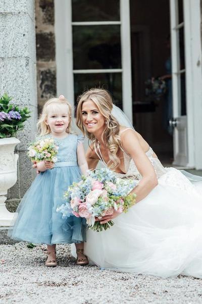 A-Line Blue Lace Top Tulle Scoop Sleeveless Cheap Flower Girl Dress 