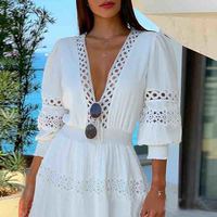 Solid Color V-Neck Long Sleeve White Dress - Thumbnail 1