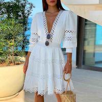 Solid Color V-Neck Long Sleeve White Dress - Thumbnail 2