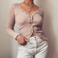 Slim Solid Color Lace Long Sleeve Shirt - Thumbnail 2