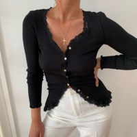 Slim Solid Color Lace Long Sleeve Shirt - Thumbnail 1