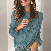 Long Sleeve Sexy Solid Color Round Neck Lace Shirt - Thumbnail 1
