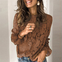 Long Sleeve Sexy Solid Color Round Neck Lace Shirt - Thumbnail 2