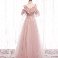 Pink tulle lace long prom dress evening dress - Thumbnail 5