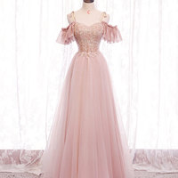 Pink tulle lace long prom dress evening dress - Thumbnail 8