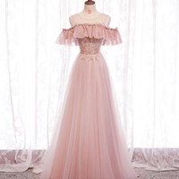 Pink tulle lace long prom dress evening dress - Thumbnail 9