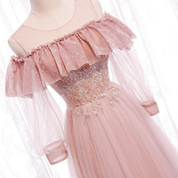 Pink tulle lace long prom dress evening dress - Thumbnail 2