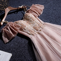 Pink tulle lace long prom dress evening dress - Thumbnail 4