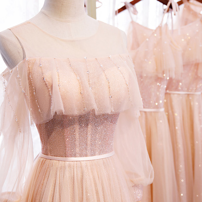 Pink tulle sequins long prom dress - Thumbnail 5