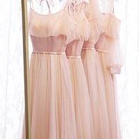 Pink tulle sequins long prom dress - Thumbnail 1