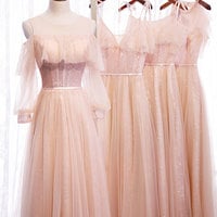 Pink tulle sequins long prom dress - Thumbnail 2