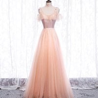 Pink tulle sequins long prom dress - Thumbnail 4