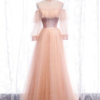 Pink tulle sequins long prom dress - Thumbnail 5