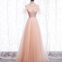 Pink tulle sequins long prom dress - Thumbnail 6