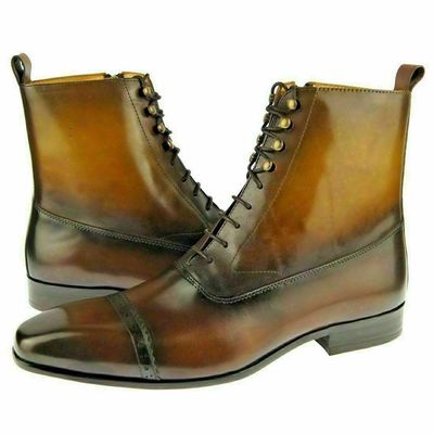 Handmade men's brown leather high ankle style boots - Thumbnail 2