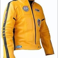 Mens Motorcycle Jacket Yellow Leather Fully Zipped Biker Kill Bill Design Hunter - Thumbnail 4