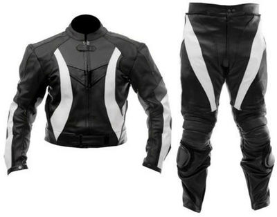 Men Black & White Sports Racing Motorcycle Leather Suit Jacket & Pants 
