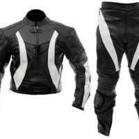 Men Black & White Sports Racing Motorcycle Leather Suit Jacket & Pants  - Thumbnail 1