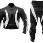 Men Black & White Sports Racing Motorcycle Leather Suit Jacket & Pants -1