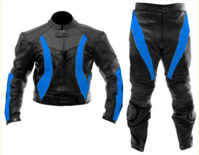 Men Black & Blue Sports Racing Motorcycle Leather Suit Jacket & Pants UK
