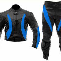 Men Black & Blue Sports Racing Motorcycle Leather Suit Jacket & Pants UK - Thumbnail 1