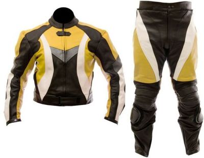 New Mens Yellow Black Motorcycle Racing Cowhide Leather 2 Piece Suit Safety Pads