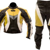 New Mens Yellow Black Motorcycle Racing Cowhide Leather 2 Piece Suit Safety Pads - Thumbnail 5