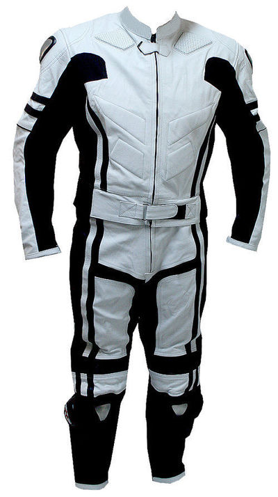 New Mens White Unique Motorcycle Racing Cowhide Leather 2 Piece Suit Safety Pads