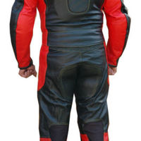 New Mens Red Black Motorcycle Racing Cowhide Leather 2 Piece Suit Safety Pads - Thumbnail 1