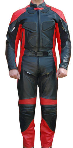 New Mens Red Black Motorcycle Racing Cowhide Leather 2 Piece Suit Safety Pads