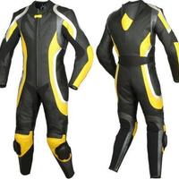 New Mens Yellow Black Motorcycle Racing Cowhide Leather 1/2 PC Suit Speed Hump - Thumbnail 5